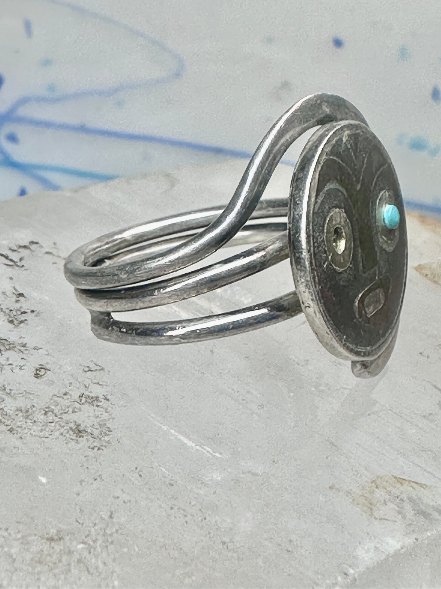 Vintage Mexican Sterling Silver Face Mask Ring Inlay Tribal Statement Band Size 8.7 AS IS