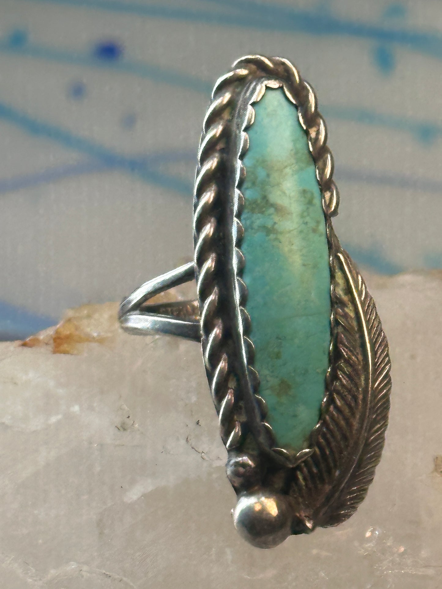 Navajo long turquoise ring feather size 5.5 sterling silver women signed AK