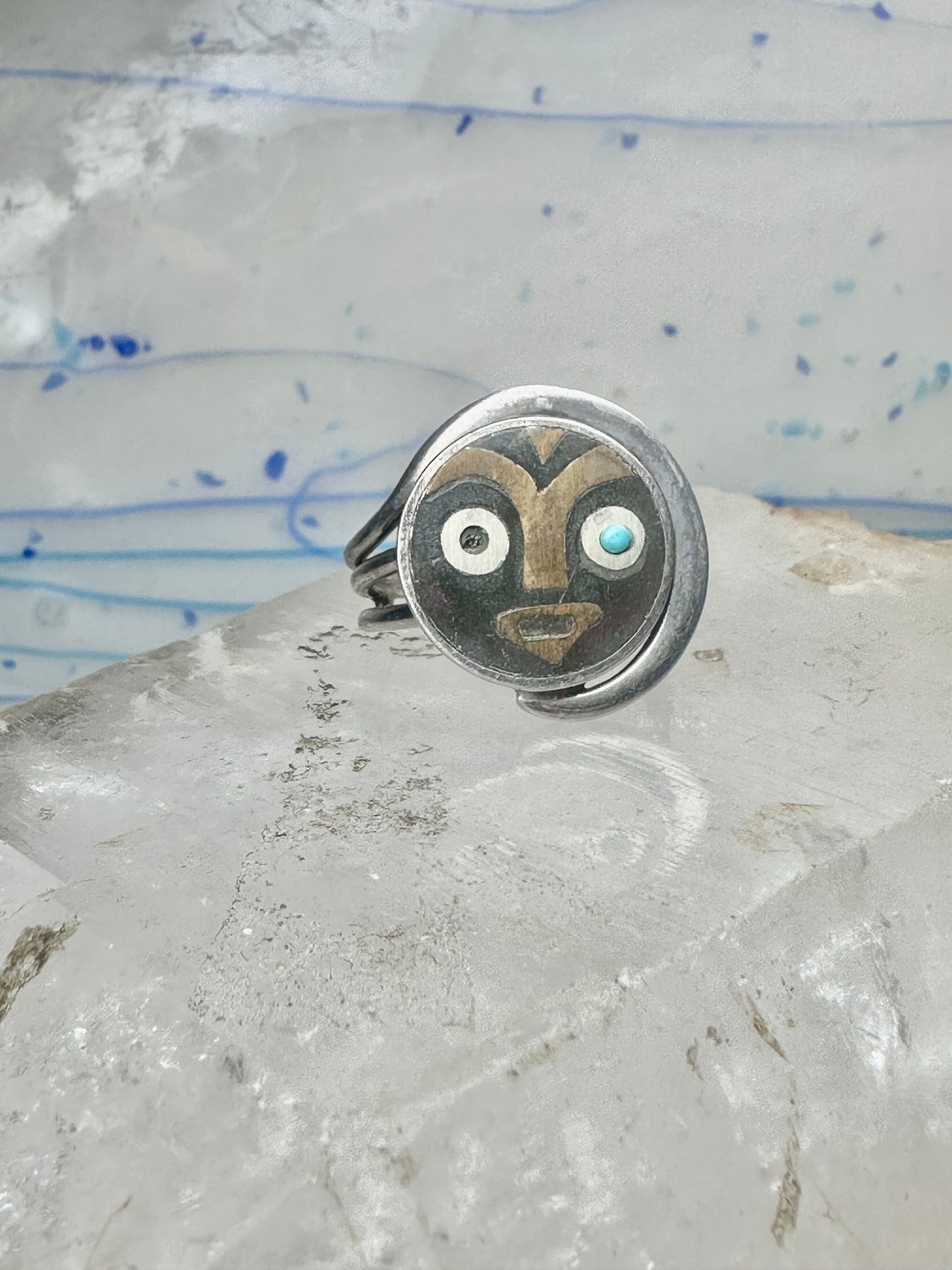 Vintage Mexican Sterling Silver Face Mask Ring Inlay Tribal Statement Band Size 8.75 AS IS