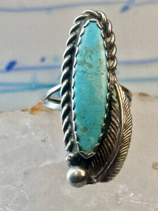 Navajo long turquoise ring feather size 5.5 sterling silver women signed AK