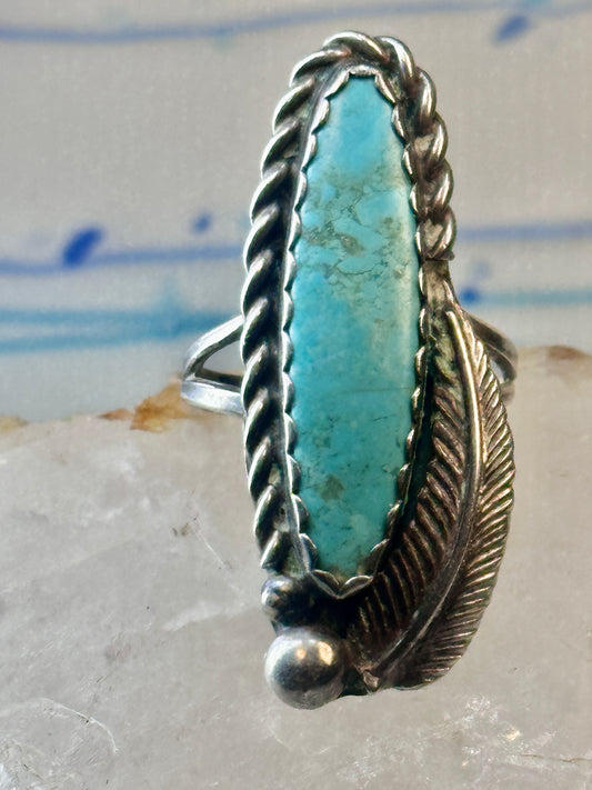 Navajo long turquoise ring feather size 5.5 sterling silver women signed AK