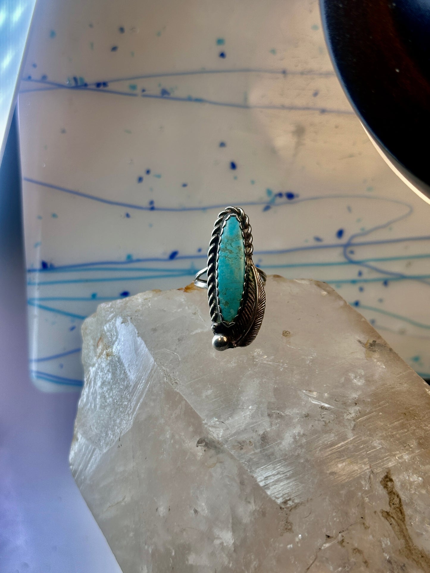 Navajo long turquoise ring feather size 5.5 sterling silver women signed AK