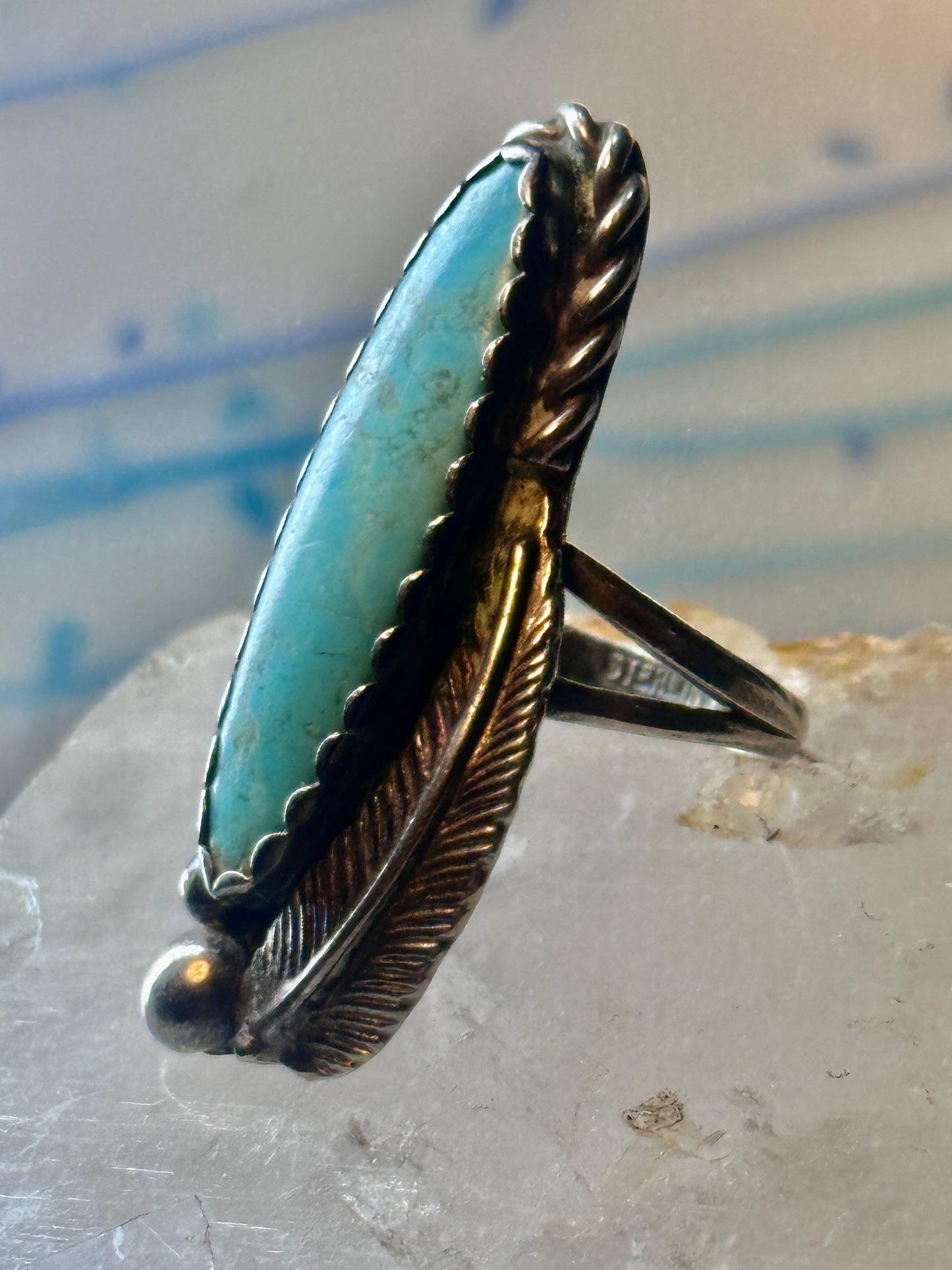 Navajo long turquoise ring feather size 5.5 sterling silver women signed AK