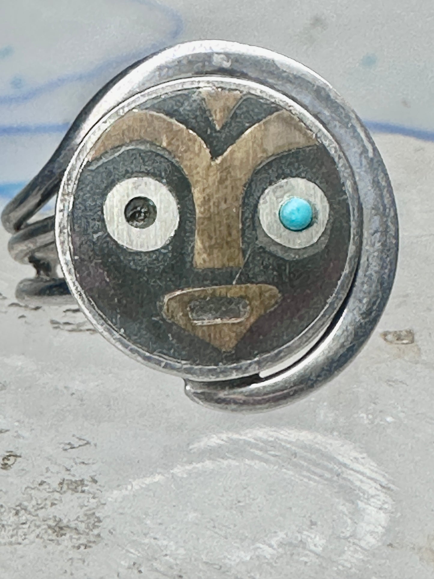 Vintage Mexican Sterling Silver Face Mask Ring Inlay Tribal Statement Band Size 8.7 AS IS
