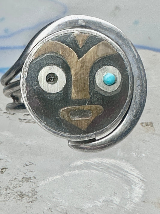 Vintage Mexican Sterling Silver Face Mask Ring Inlay Tribal Statement Band Size 8.75 AS IS