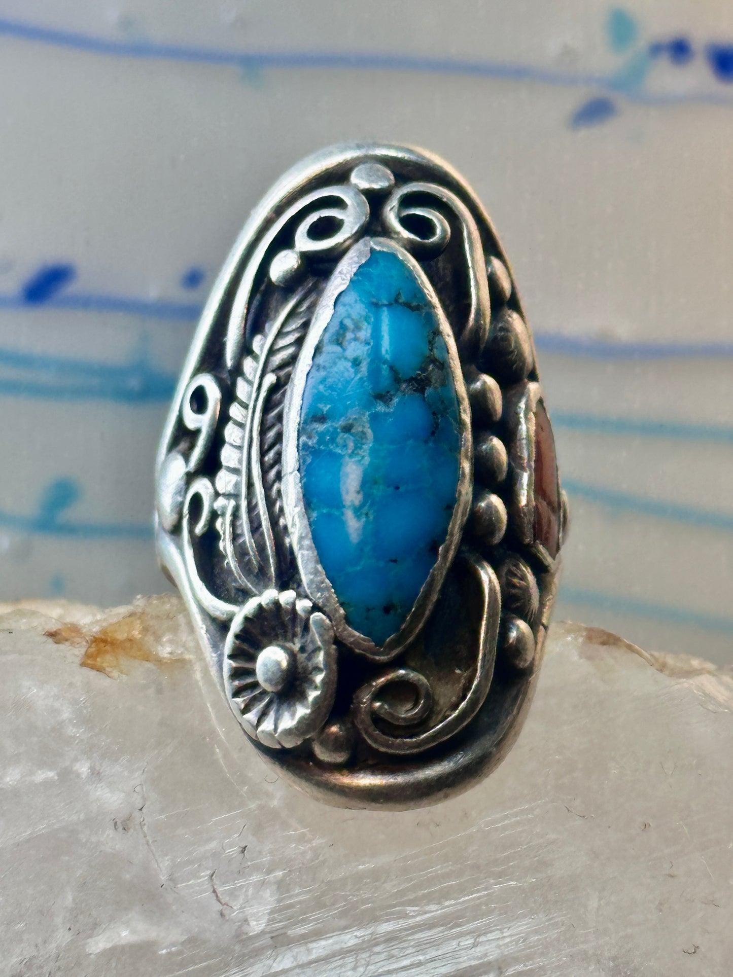 Navajo long turquoise coral ring leaves size 9.75 sterling silver women