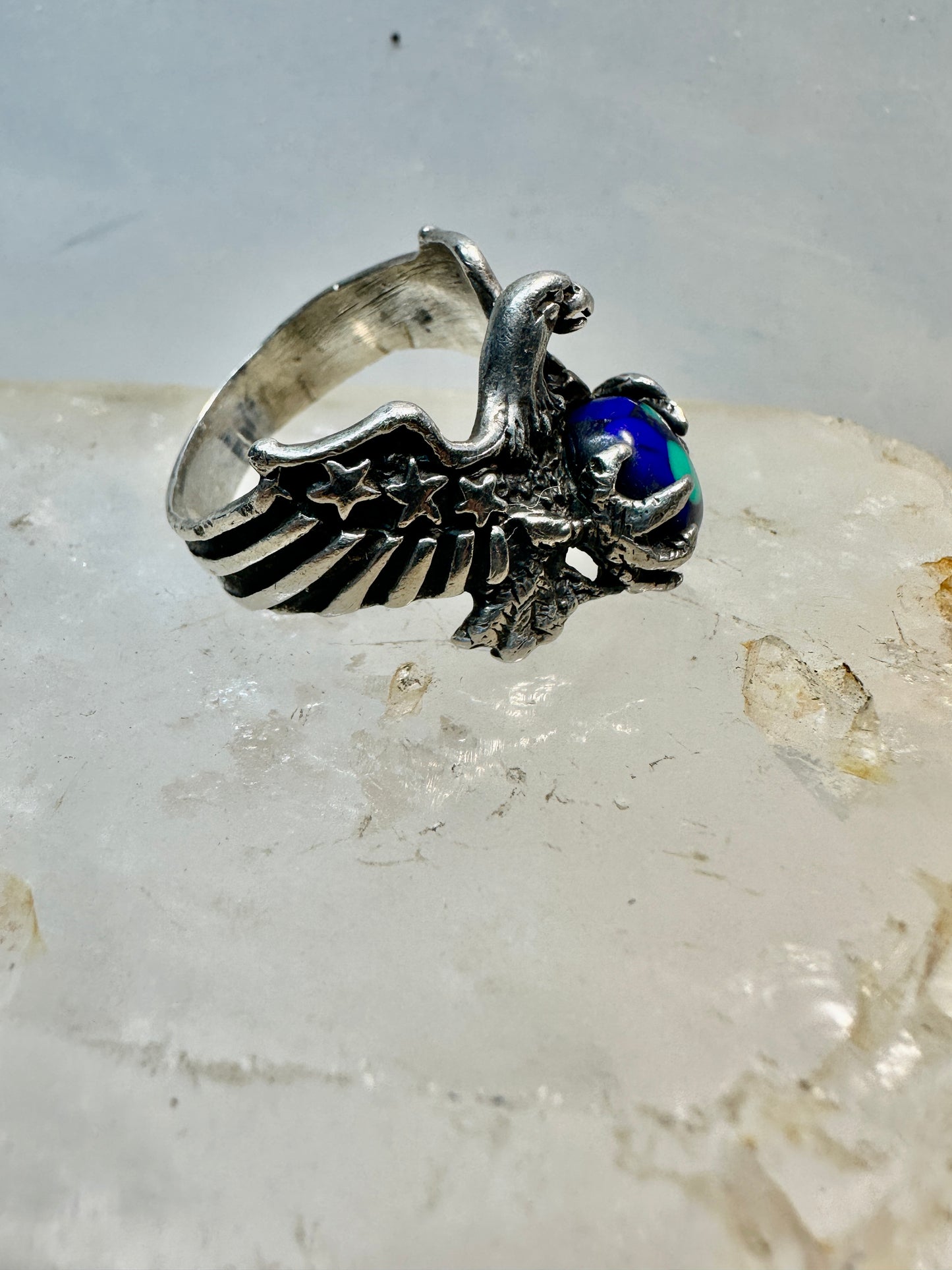 Eagle ring Azurite World band size 10 stars & stripes Patriotic southwest sterling silver women  men