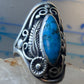 Navajo long turquoise coral ring leaves size 9.75 sterling silver women