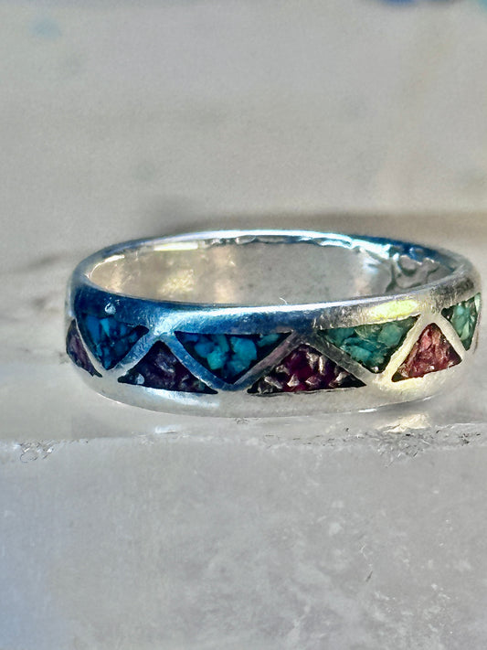 Zuni ring Wedding band turquoise coral chips sterling silver size 7.75 women men