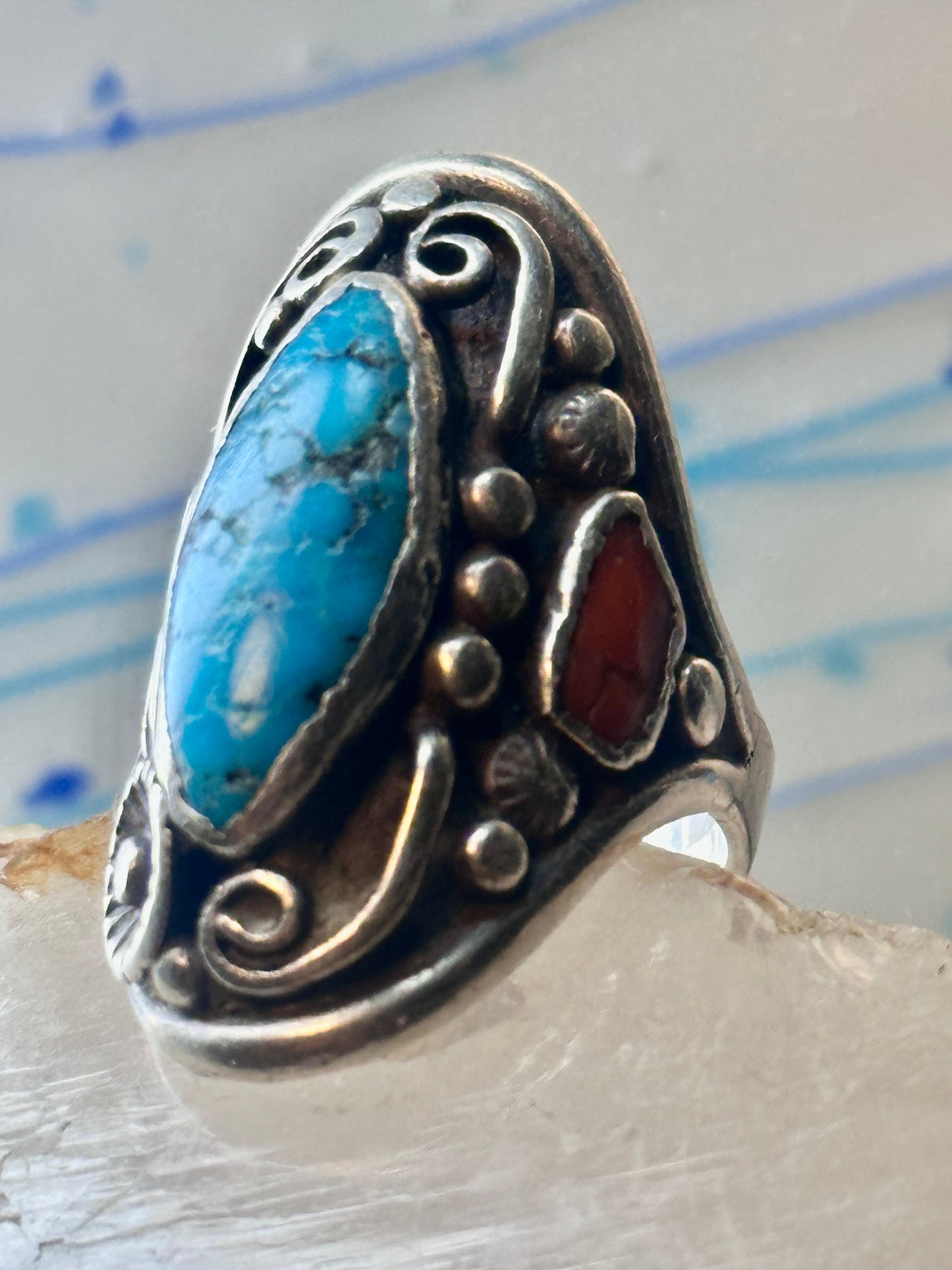 Navajo long turquoise coral ring leaves size 9.75 sterling silver women