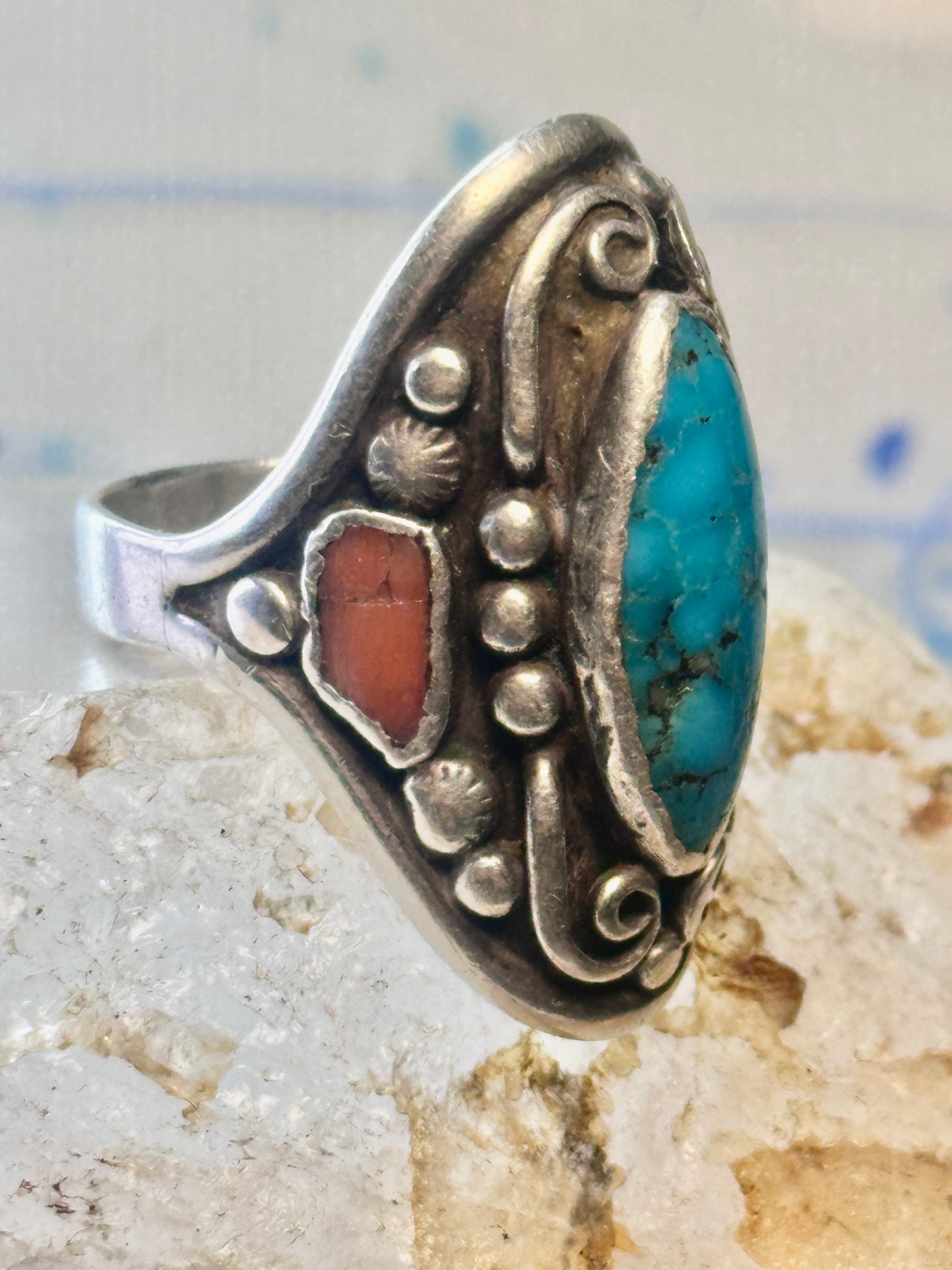 Navajo long turquoise coral ring leaves size 9.75 sterling silver women