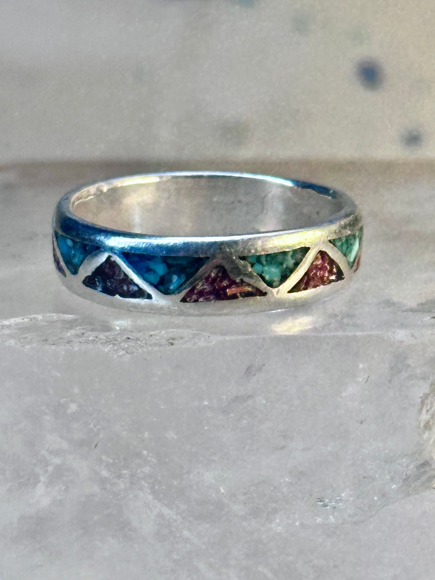 Zuni ring Wedding band turquoise coral chips sterling silver size 7.75 women men