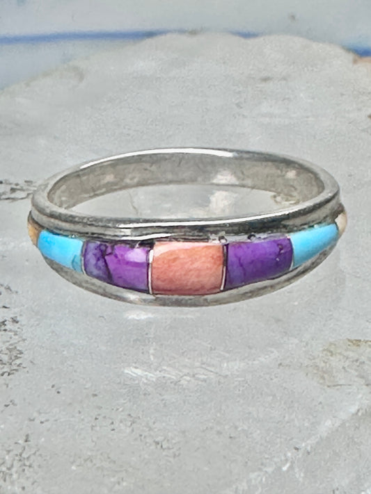 Vintage Sterling Silver Multi Stone Inlay Band Ring Turquoise Coral Size 8 2.4g