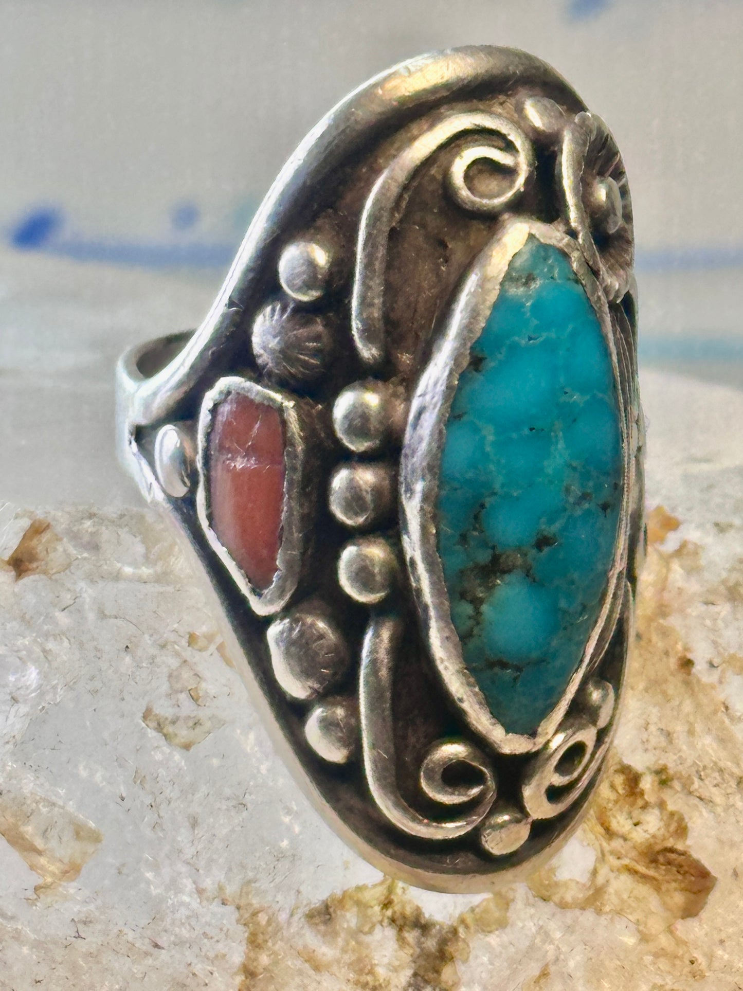 Navajo long turquoise coral ring leaves size 9.75 sterling silver women