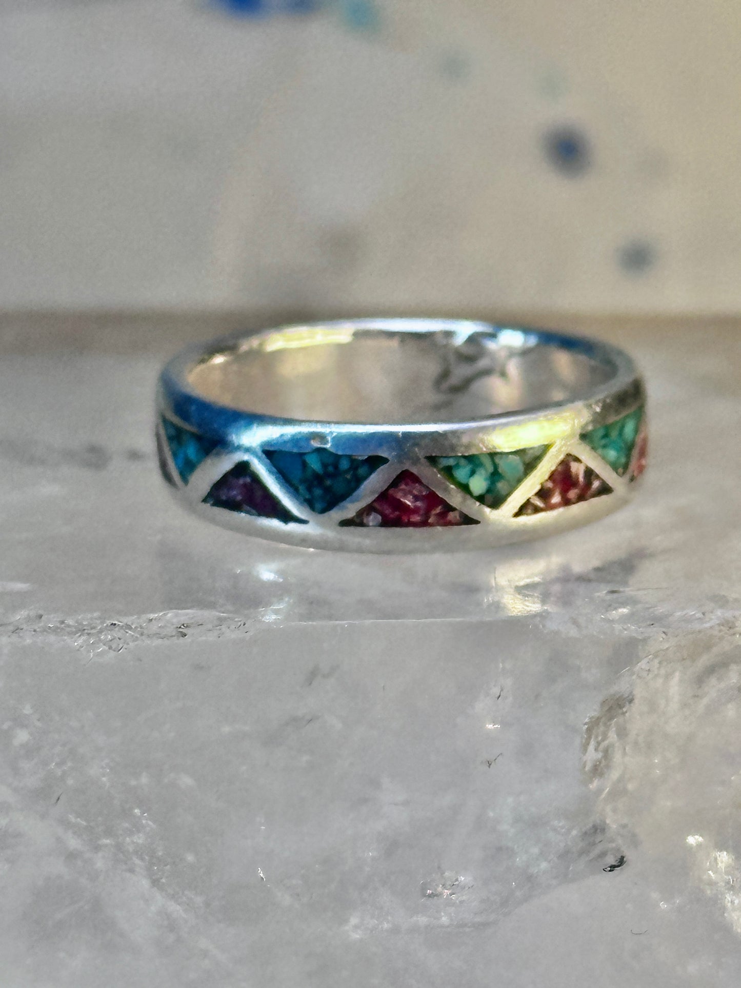 Zuni ring Wedding band turquoise coral chips sterling silver size 7.75 women men