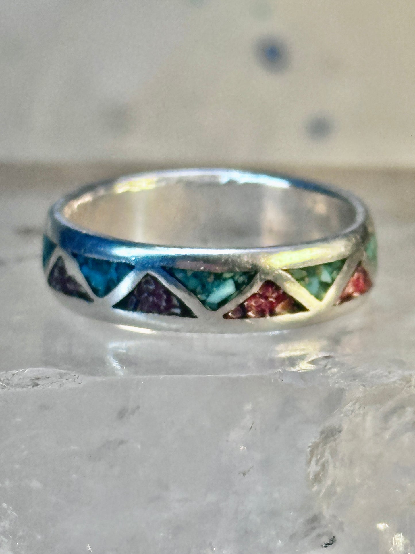 Zuni ring Wedding band turquoise coral chips sterling silver size 7.75 women men