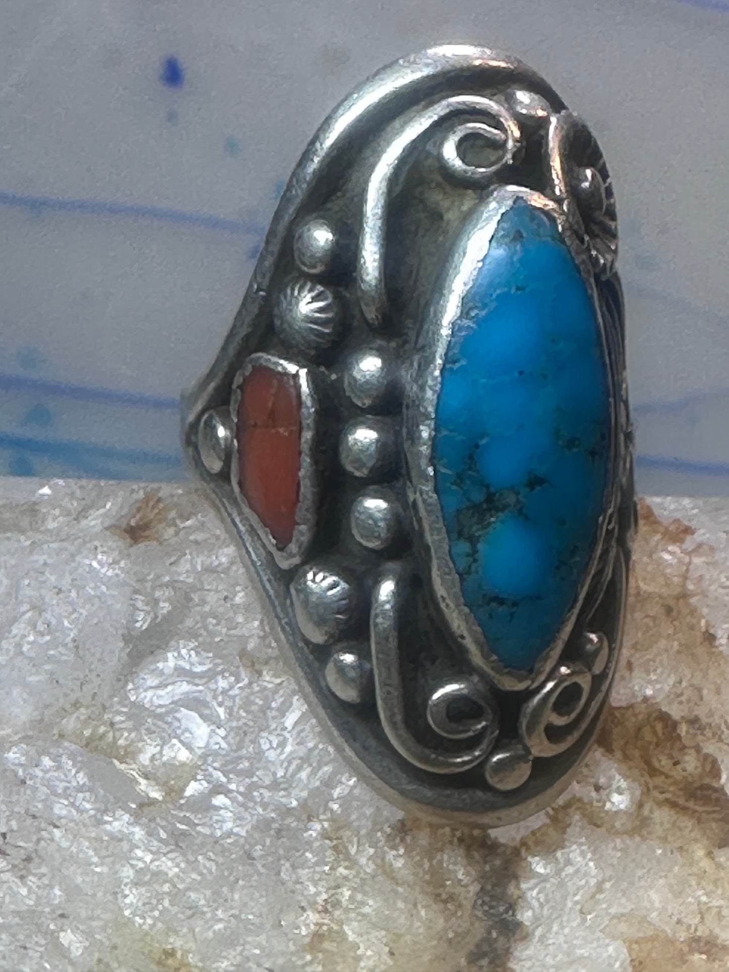 Navajo long turquoise coral ring leaves size 9.75 sterling silver women