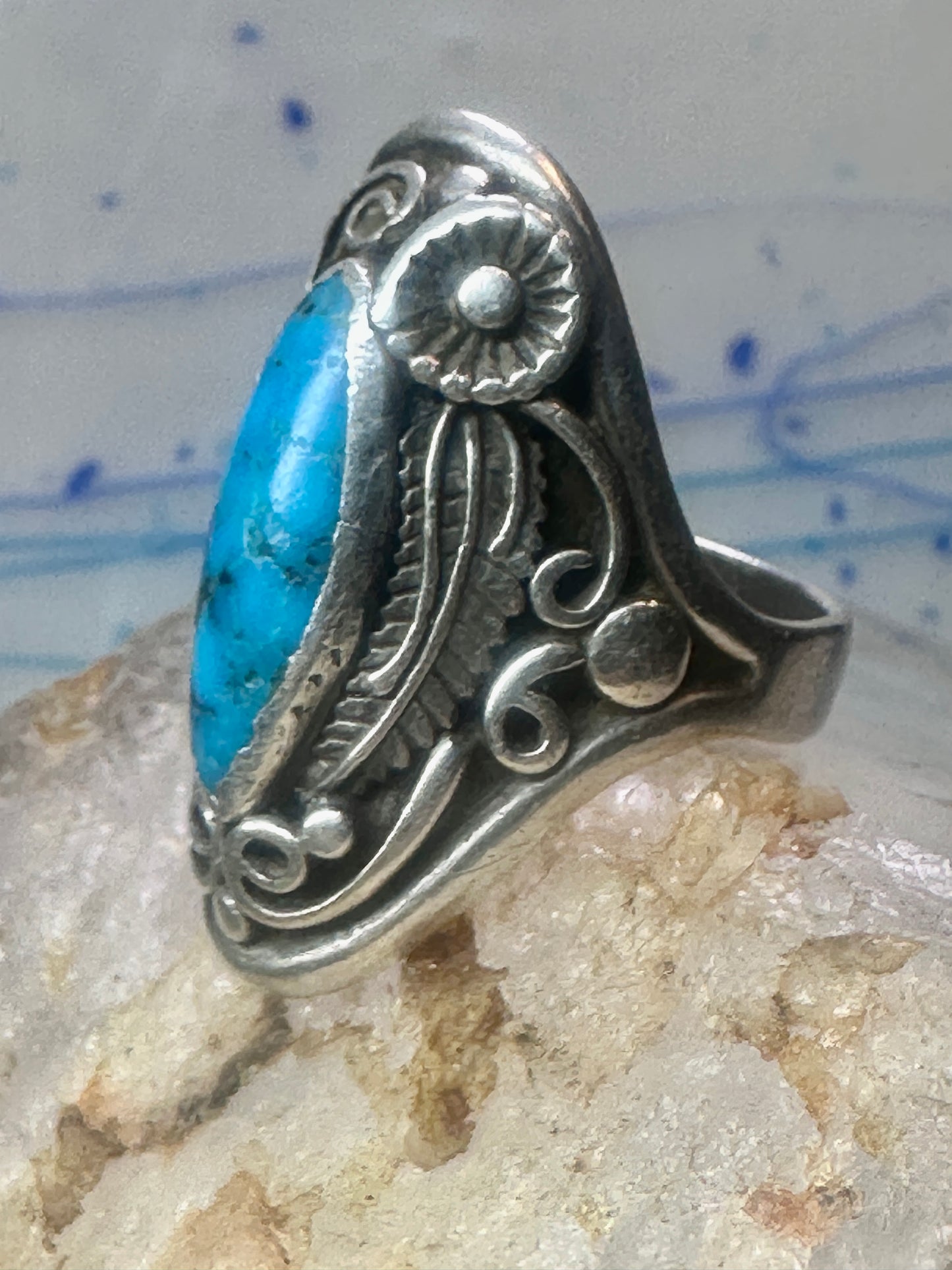 Navajo long turquoise coral ring leaves size 9.75 sterling silver women