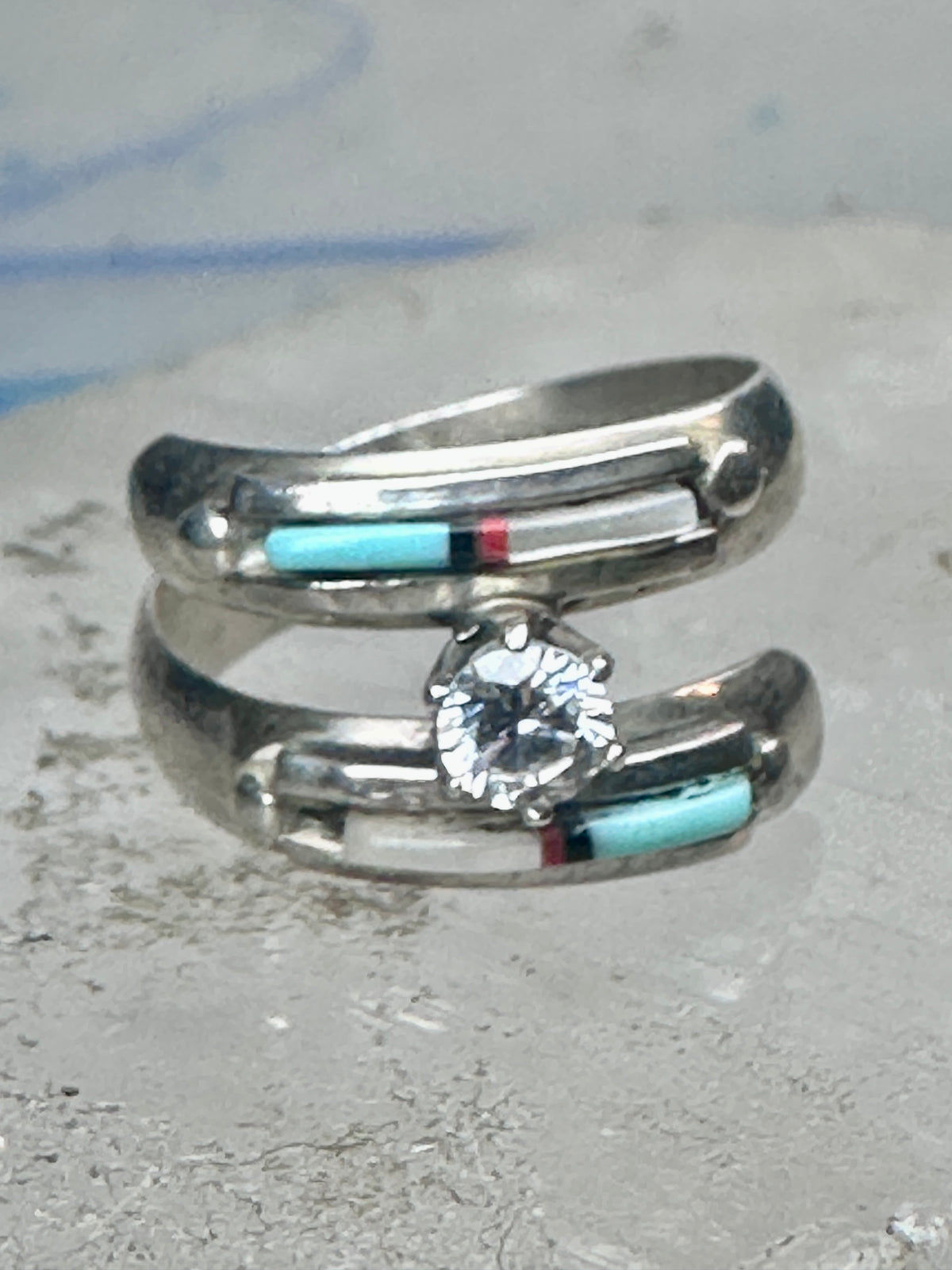 Vintage Sterling Silver Turquoise Inlay Solitaire Ring Cubic Zirconia Size 6 3.5g