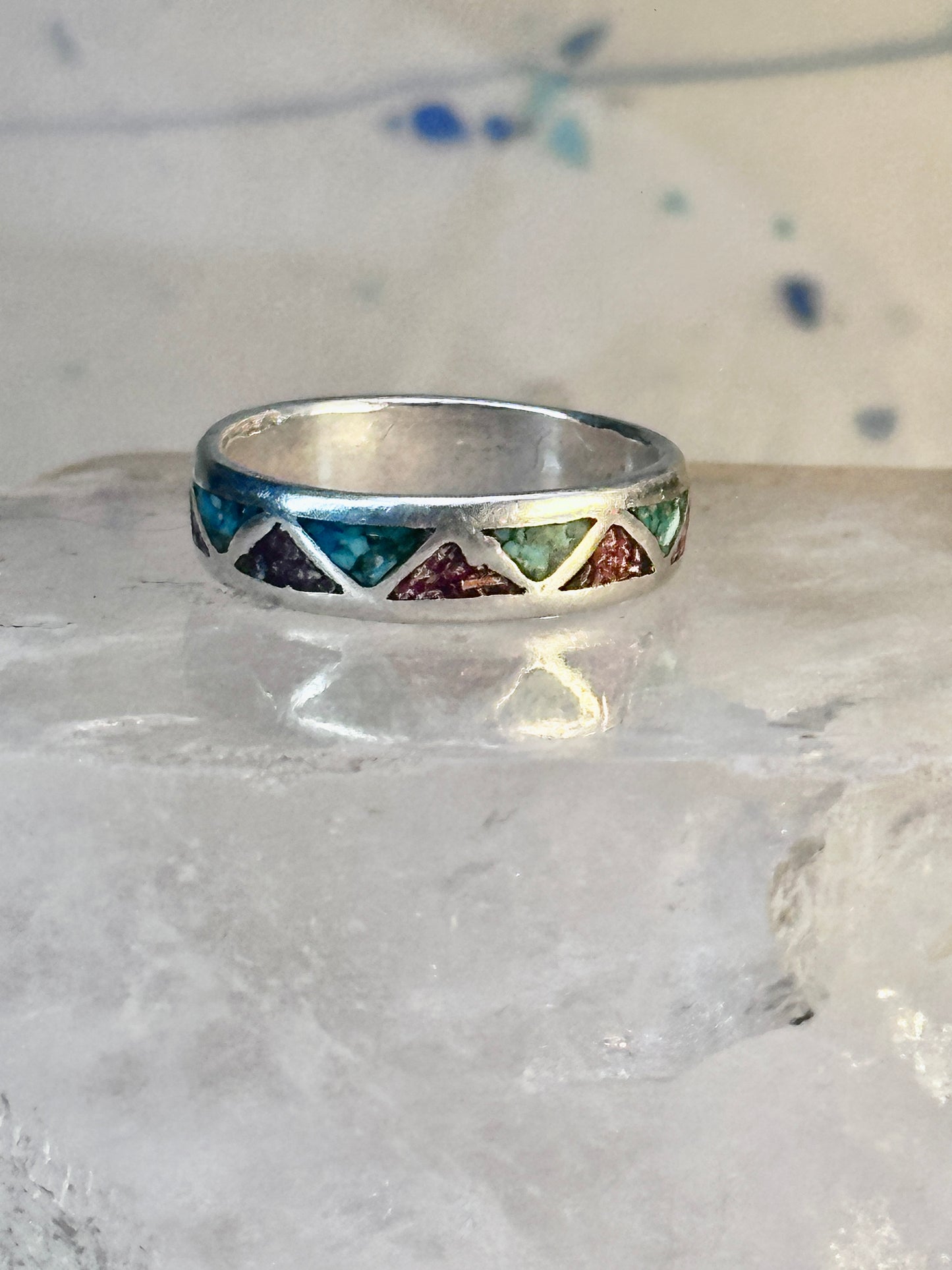 Zuni ring Wedding band turquoise coral chips sterling silver size 7.75 women men