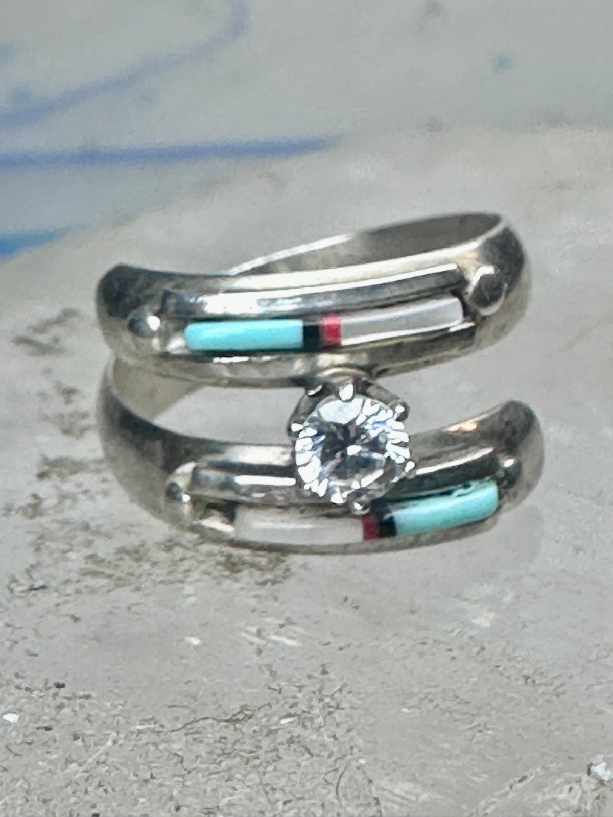 Vintage Sterling Silver Turquoise Inlay Solitaire Ring Cubic Zirconia Size 6 3.5g