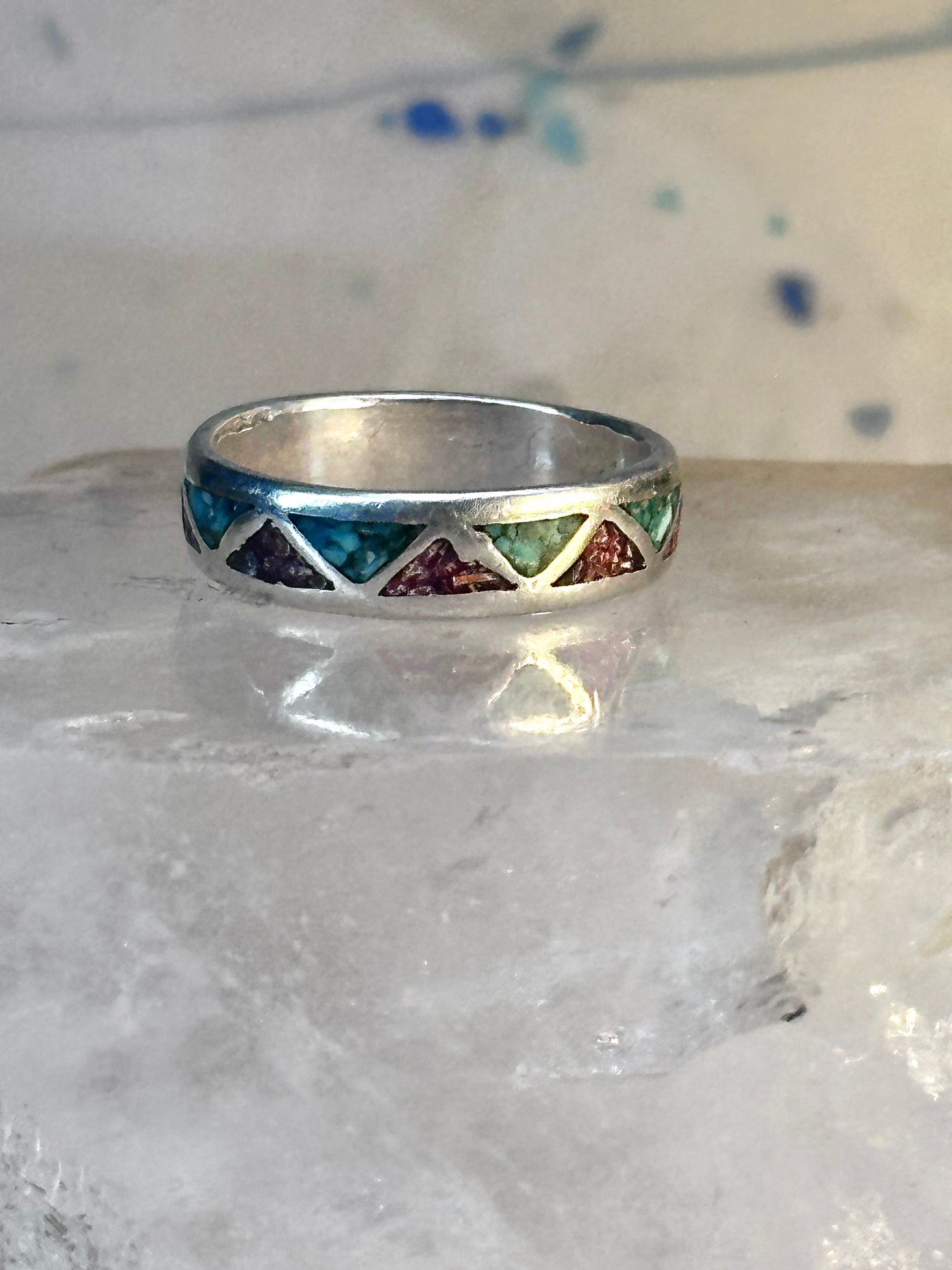 Zuni ring Wedding band turquoise coral chips sterling silver size 7.75 women men