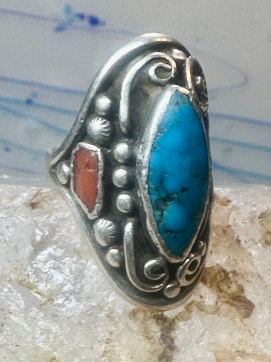 Navajo long turquoise coral ring leaves size 9.75 sterling silver women