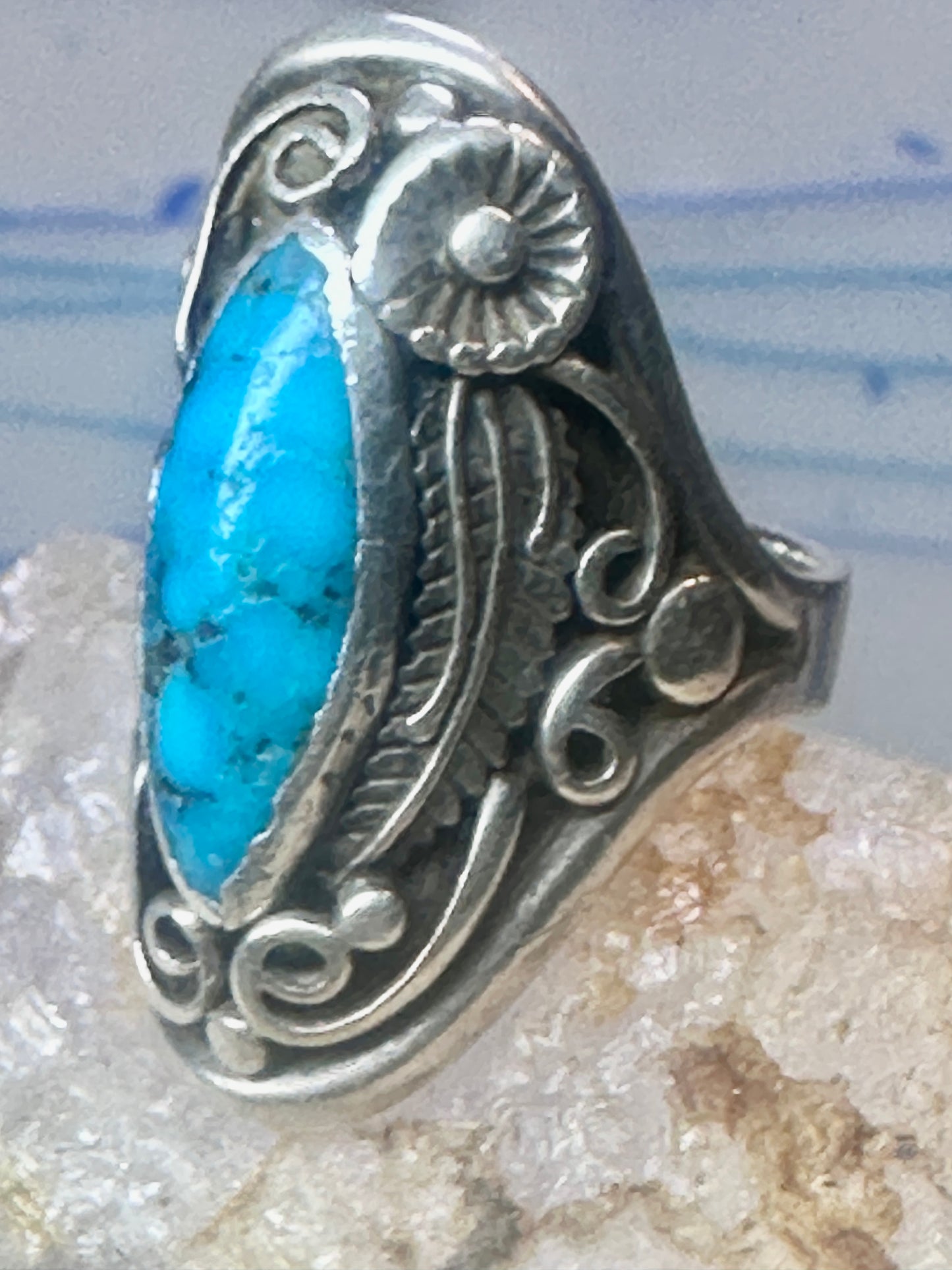 Navajo long turquoise coral ring leaves size 9.75 sterling silver women