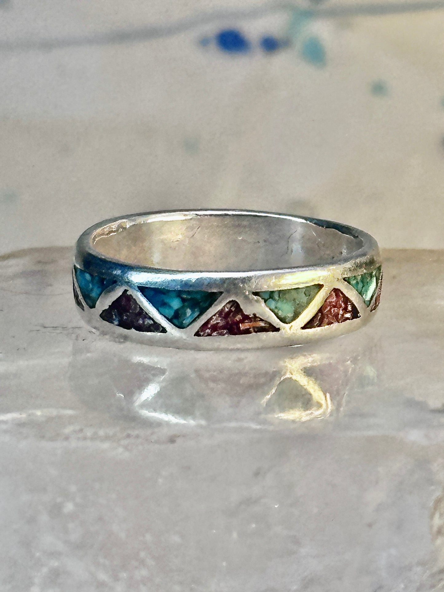Zuni ring Wedding band turquoise coral chips sterling silver size 7.75 women men