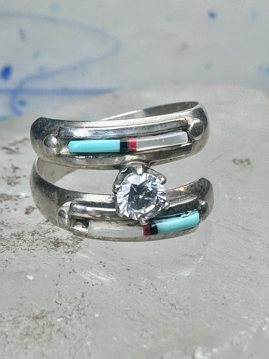 Vintage Sterling Silver Turquoise Inlay Solitaire Ring Cubic Zirconia Size 6 3.5g