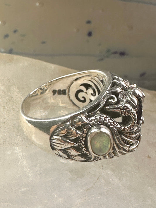 Swan ring bird band lab opal blue glass size 6 sterling silver women