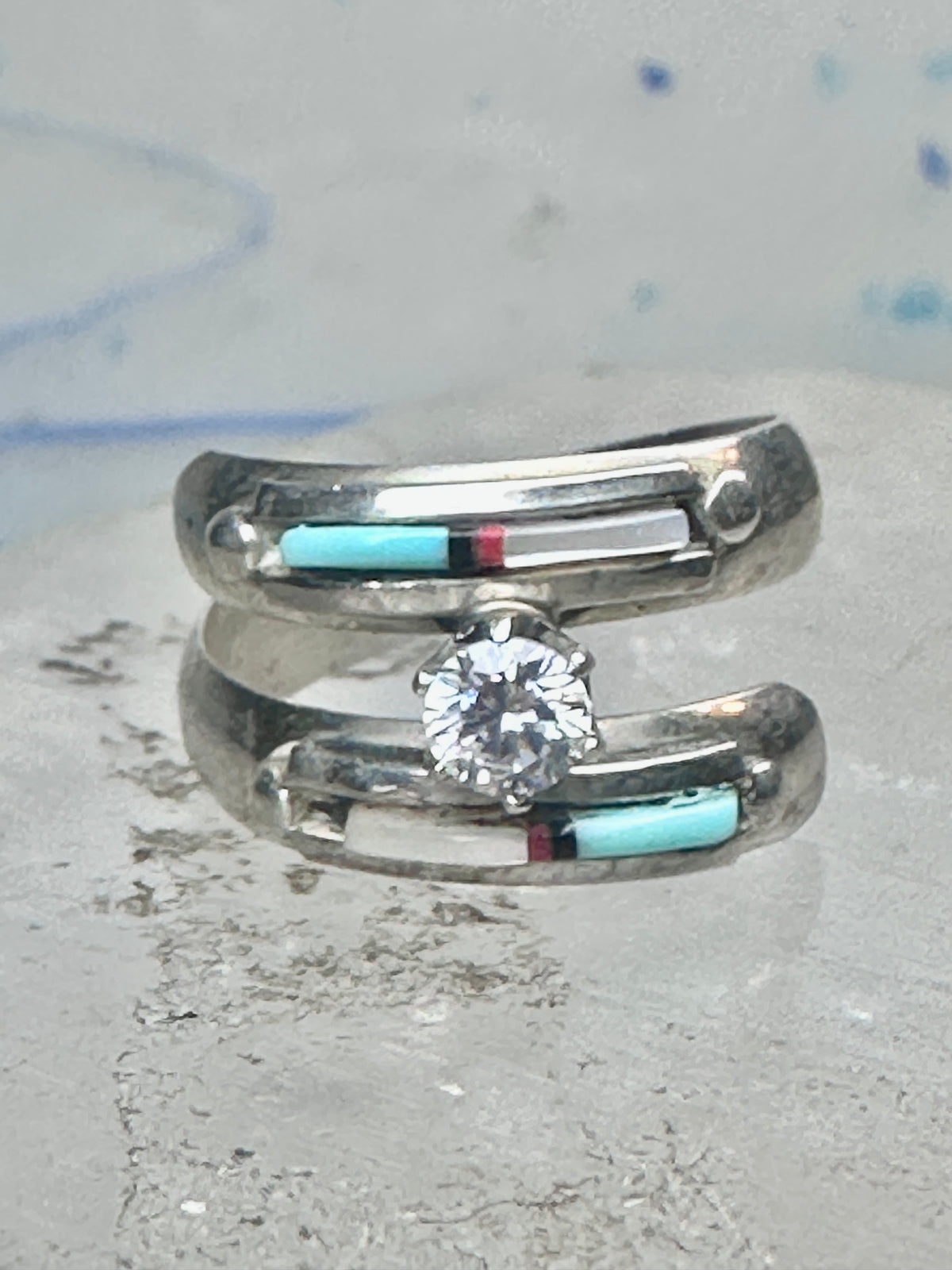 Vintage Sterling Silver Turquoise Inlay Solitaire Ring Cubic Zirconia Size 6 3.5g