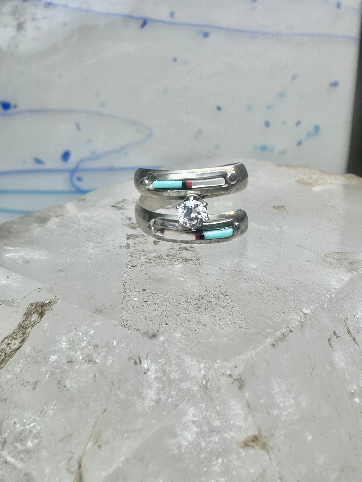 Vintage Sterling Silver Turquoise Inlay Solitaire Ring Cubic Zirconia Size 6 3.5g