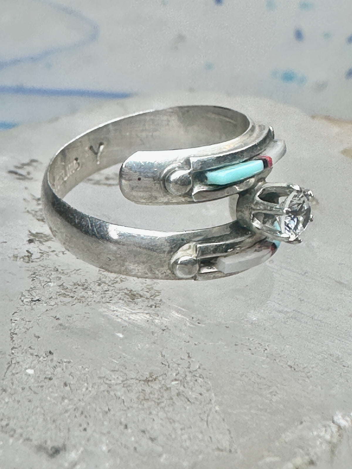 Vintage Sterling Silver Turquoise Inlay Solitaire Ring Cubic Zirconia Size 6 3.5g