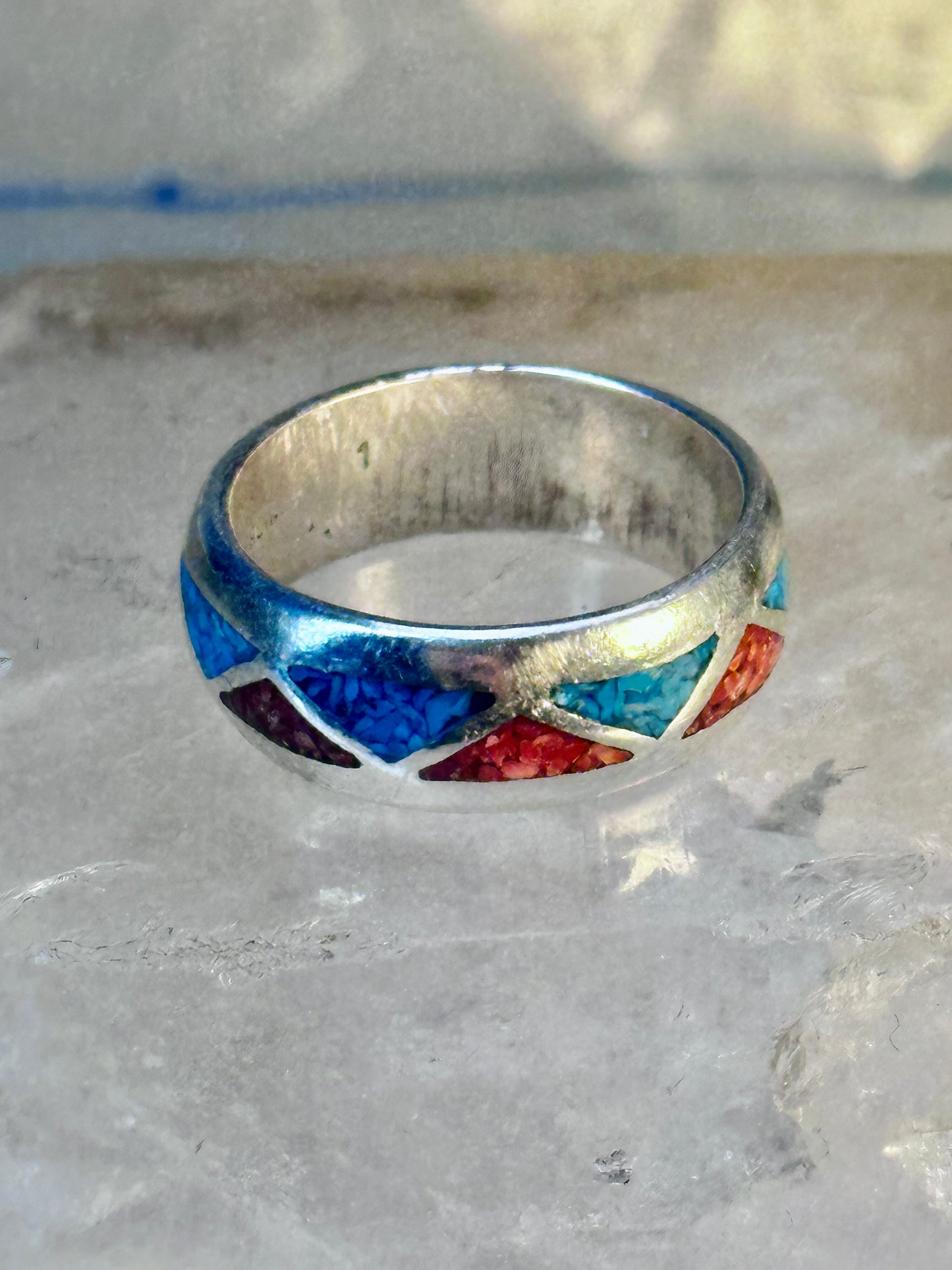 Zuni ring Wedding band turquoise coral chips sterling silver size 9.75 women men