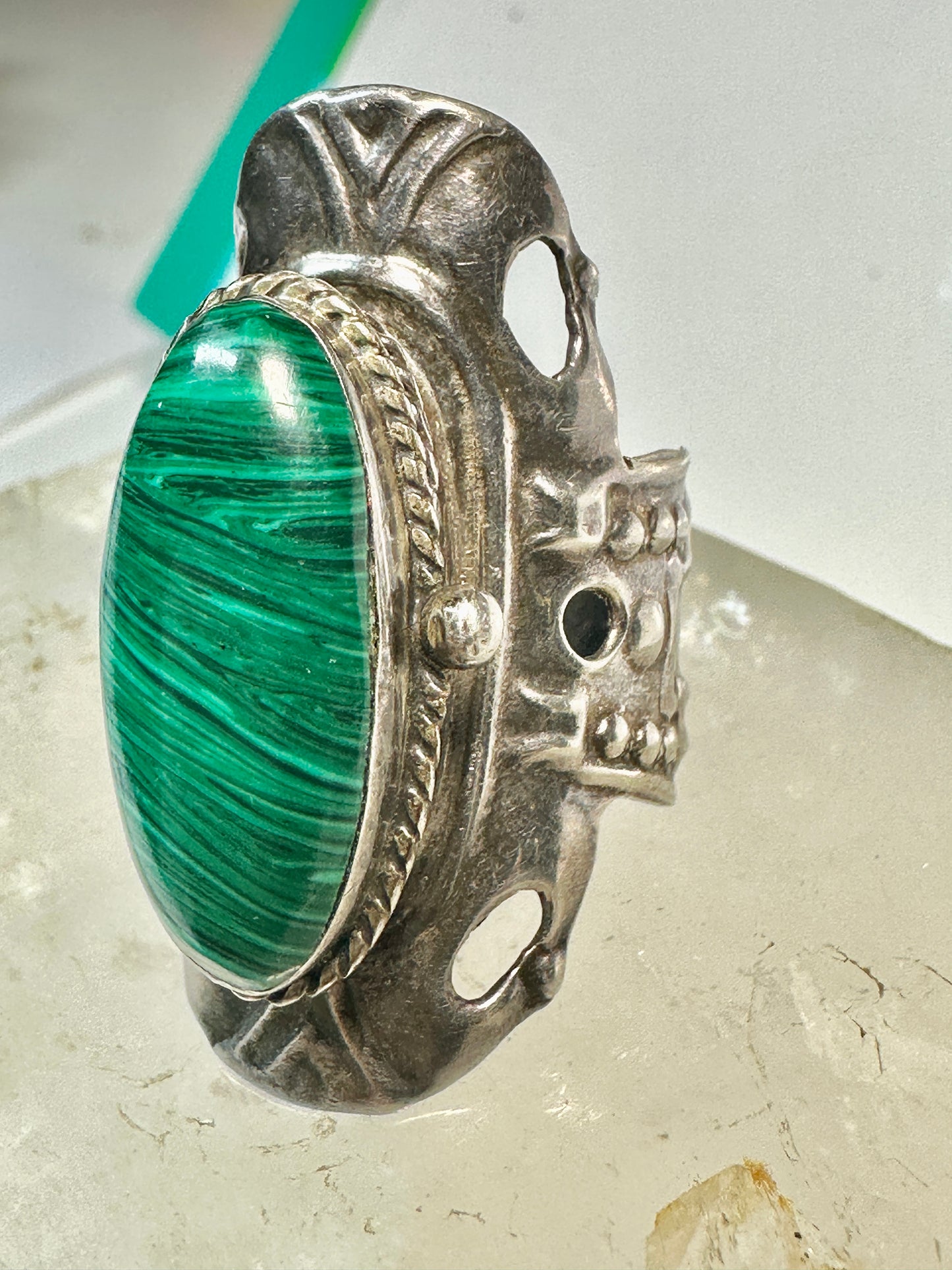 Malachite ring Poison Mexico Taxco size 8.75 adj sterling silver women