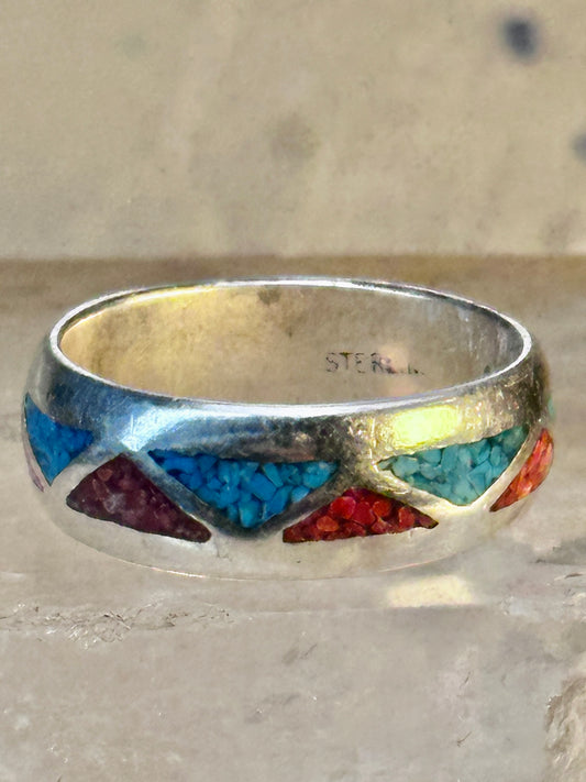 Zuni ring Wedding band turquoise coral chips sterling silver size 9.75 women men