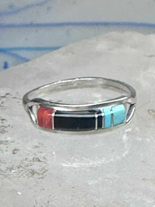 Vintage Sterling Silver Southwestern Inlay Band Ring Turquoise Coral Size 7.75 1.8g