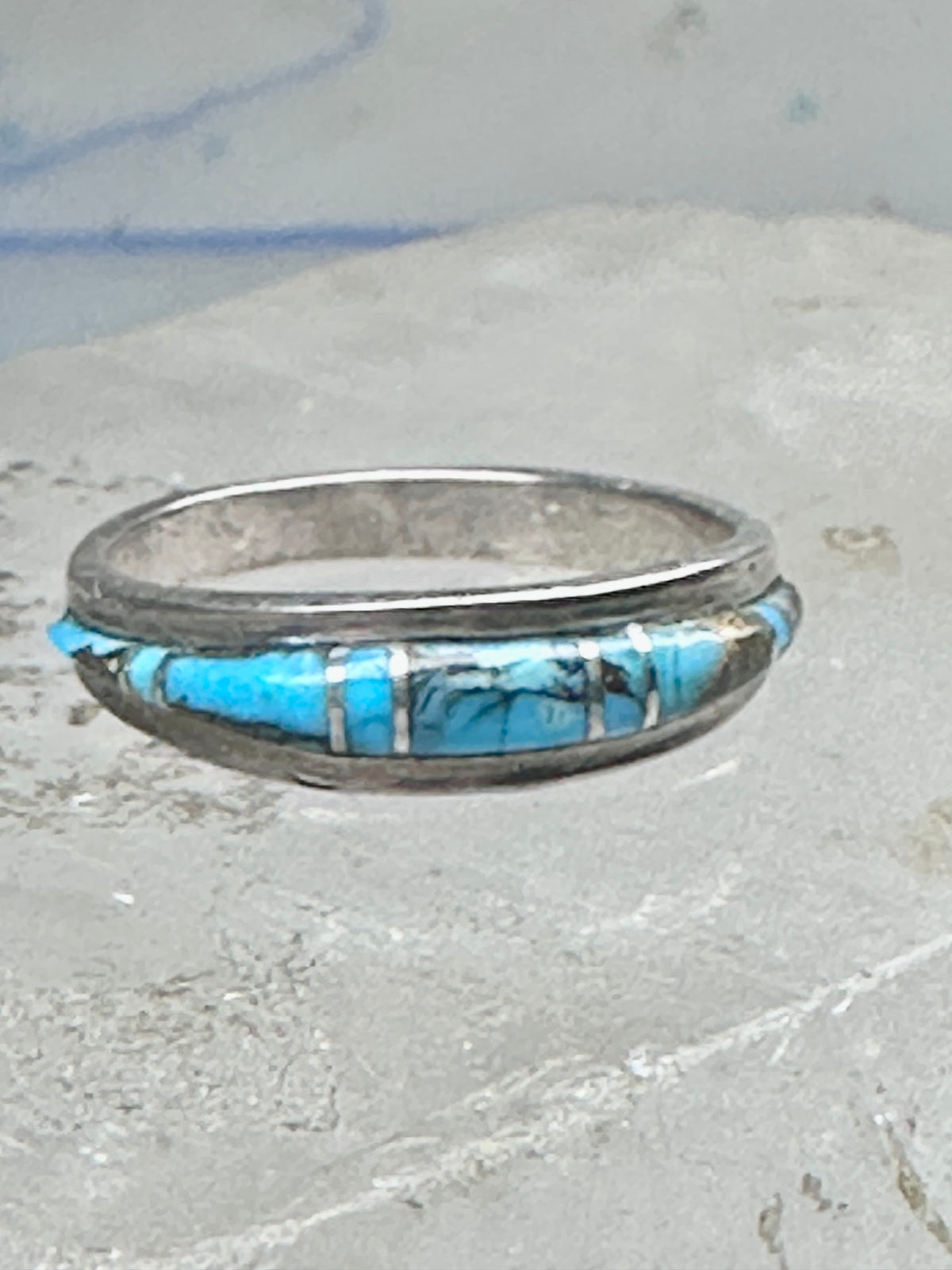 Vintage Sterling Silver Turquoise Channel Inlay Band Ring Southwestern Style Size 8 2.6g
