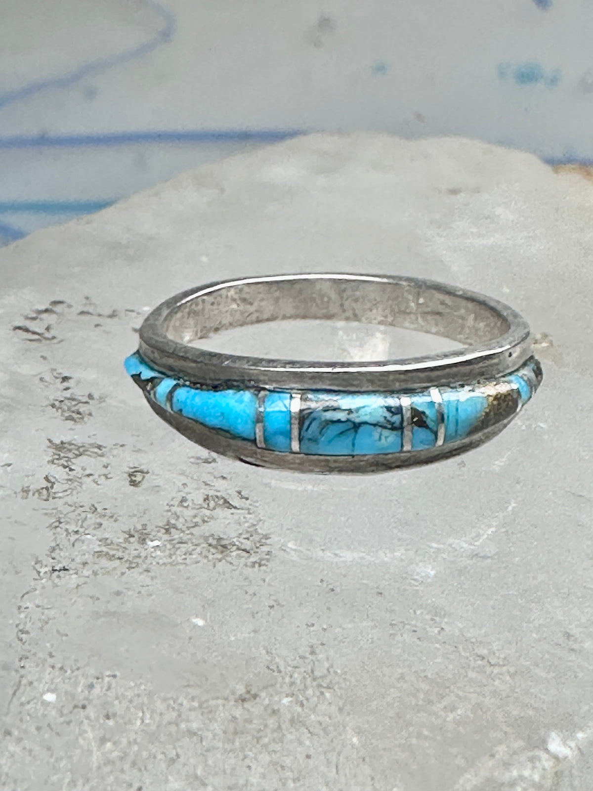 Vintage Sterling Silver Turquoise Channel Inlay Band Ring Southwestern Style Size 8 2.6g