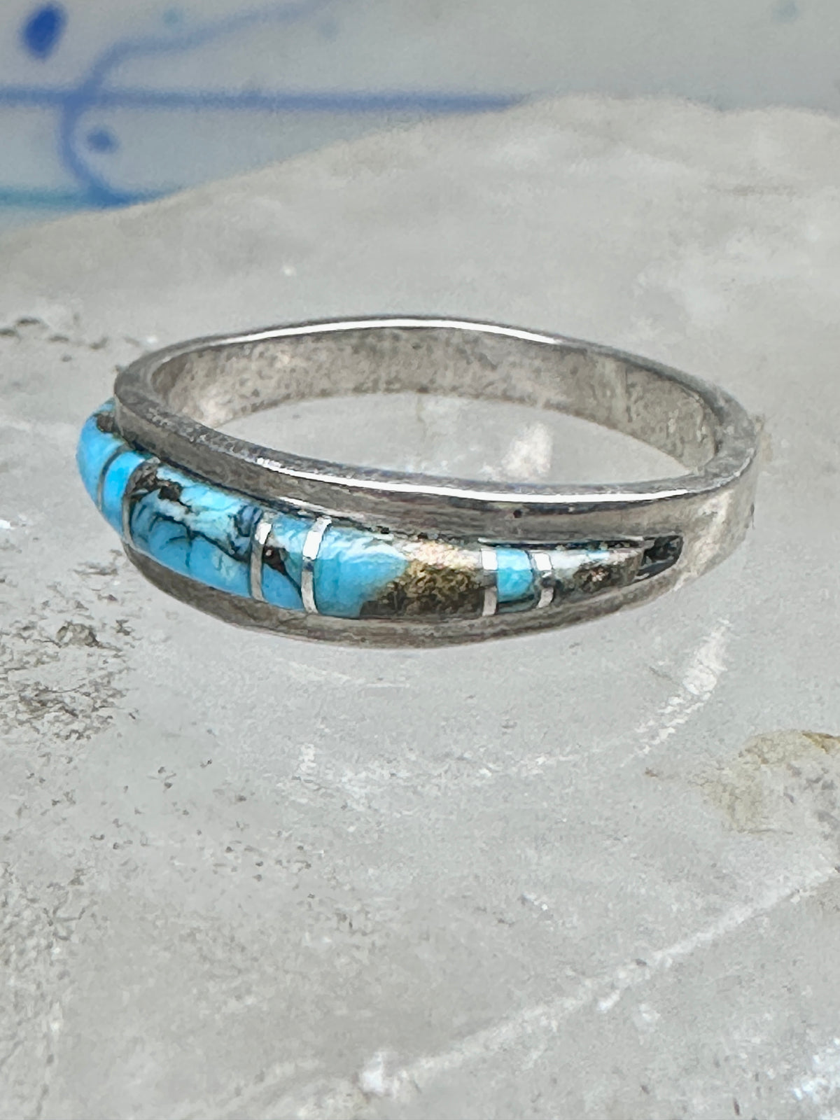 Vintage Sterling Silver Turquoise Channel Inlay Band Ring Southwestern Style Size 8 2.6g