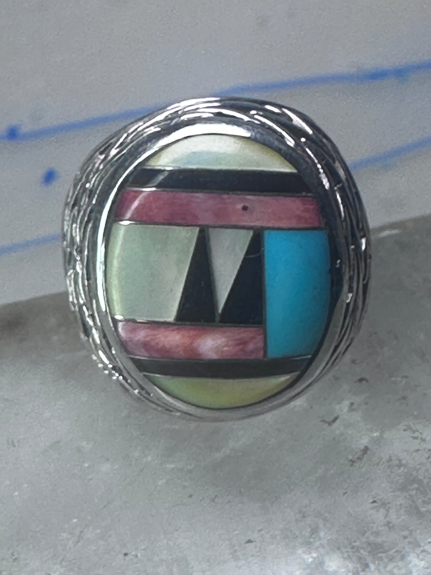 Zuni Ring turquoise onyx MOP leaves band size 8.2 sterling silver women men signed DL