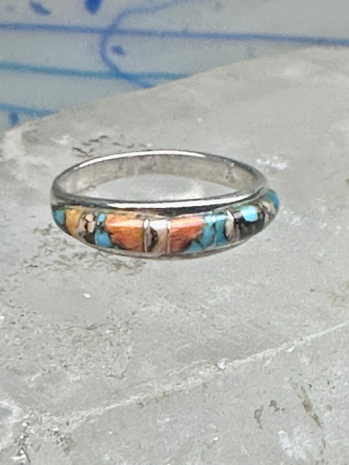 Vintage Sterling Silver Mosaic Turquoise Spiny Oyster Inlay Band Ring Size 8 2.4g
