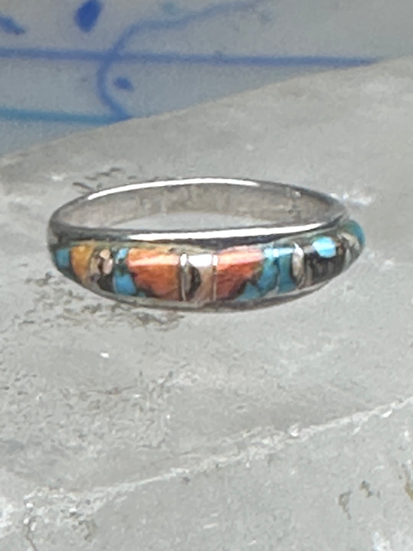 Vintage Sterling Silver Mosaic Turquoise Spiny Oyster Inlay Band Ring Size 8 2.4g