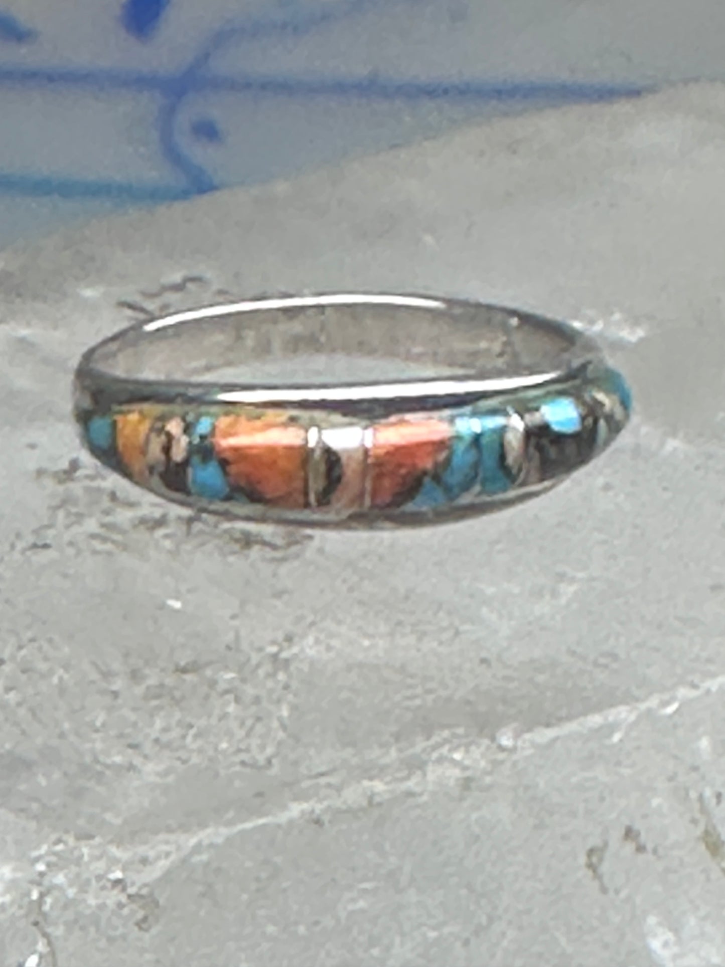Vintage Sterling Silver Mosaic Turquoise Spiny Oyster Inlay Band Ring Size 8 2.4g