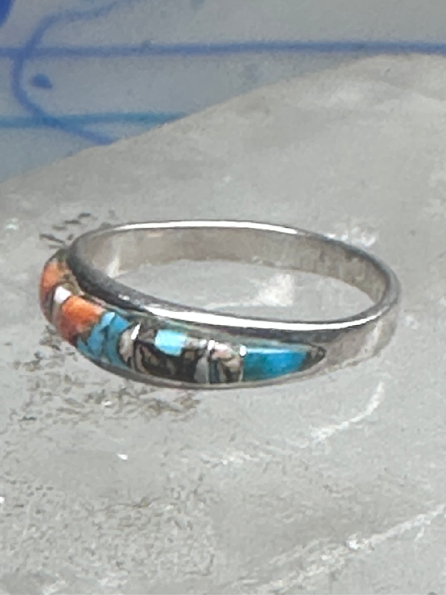 Vintage Sterling Silver Mosaic Turquoise Spiny Oyster Inlay Band Ring Size 8 2.4g
