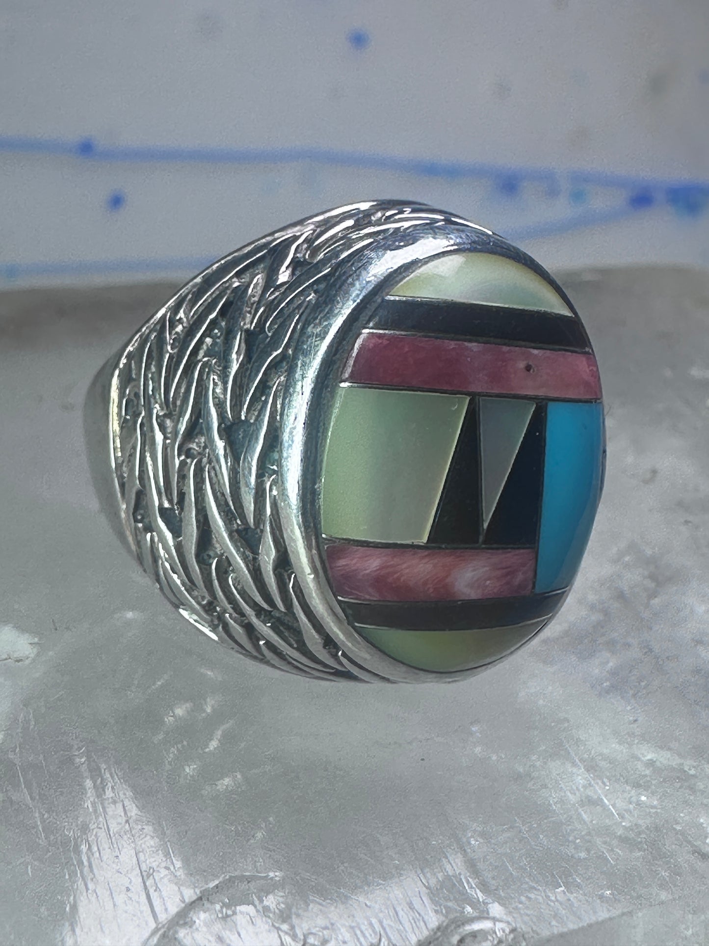 Zuni Ring turquoise onyx MOP leaves band size 8.2 sterling silver women men signed DL