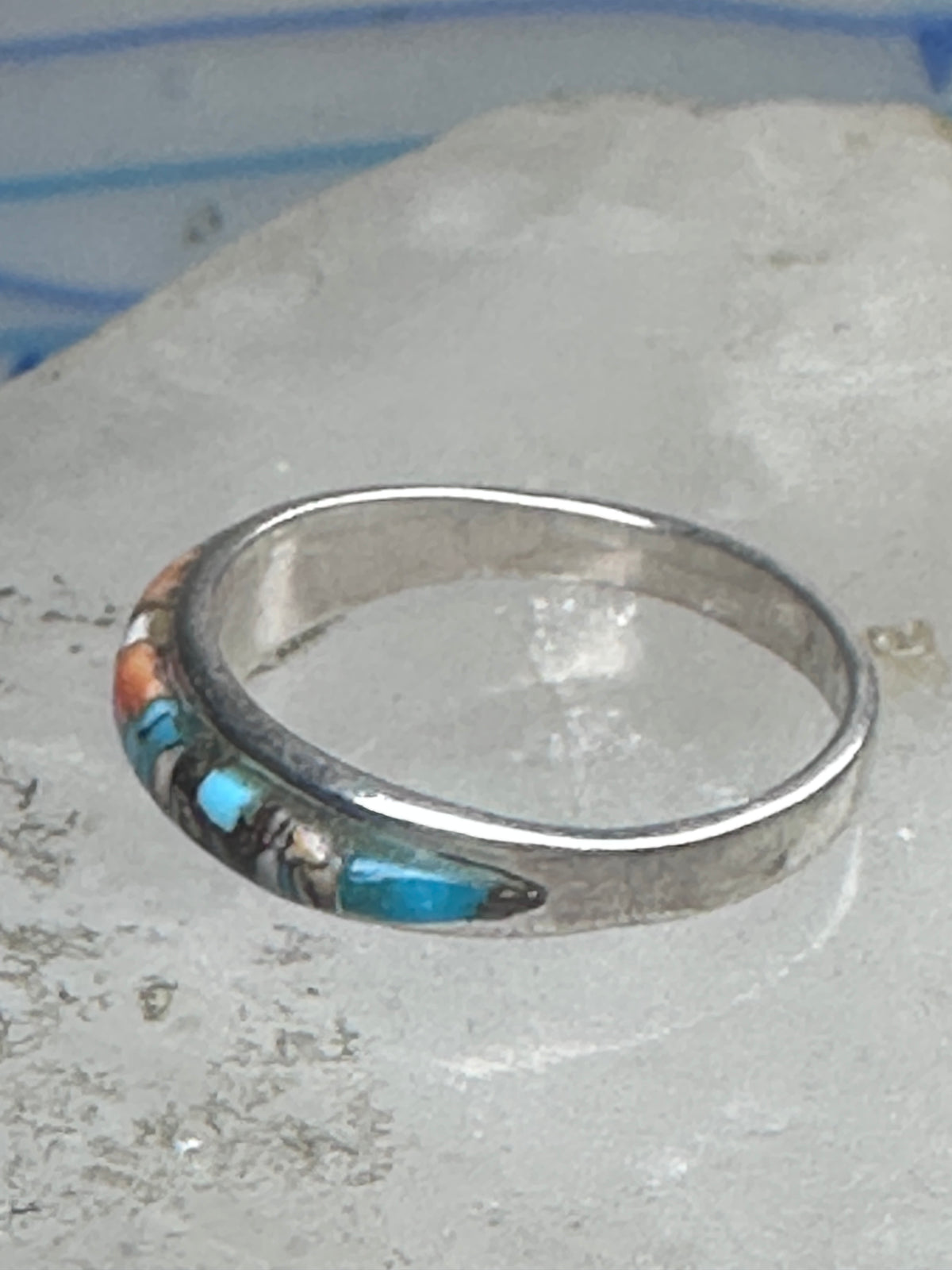Vintage Sterling Silver Mosaic Turquoise Spiny Oyster Inlay Band Ring Size 8 2.4g