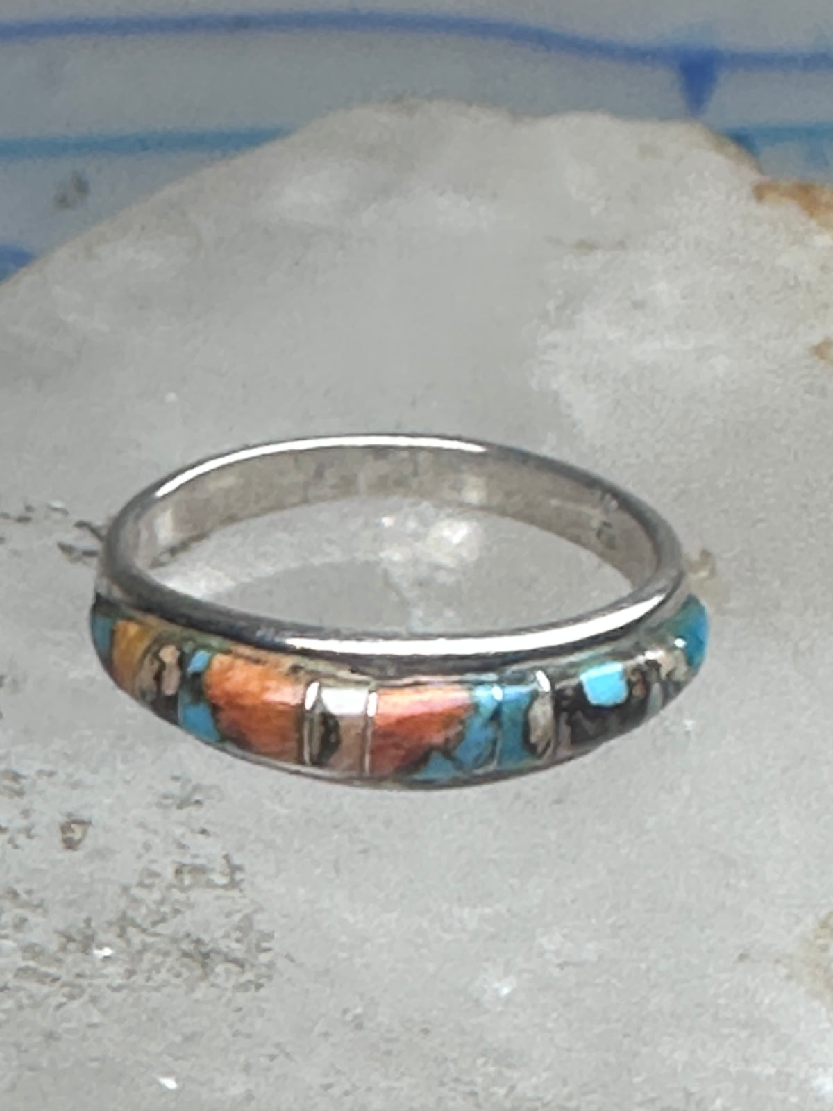 Vintage Sterling Silver Mosaic Turquoise Spiny Oyster Inlay Band Ring Size 8 2.4g