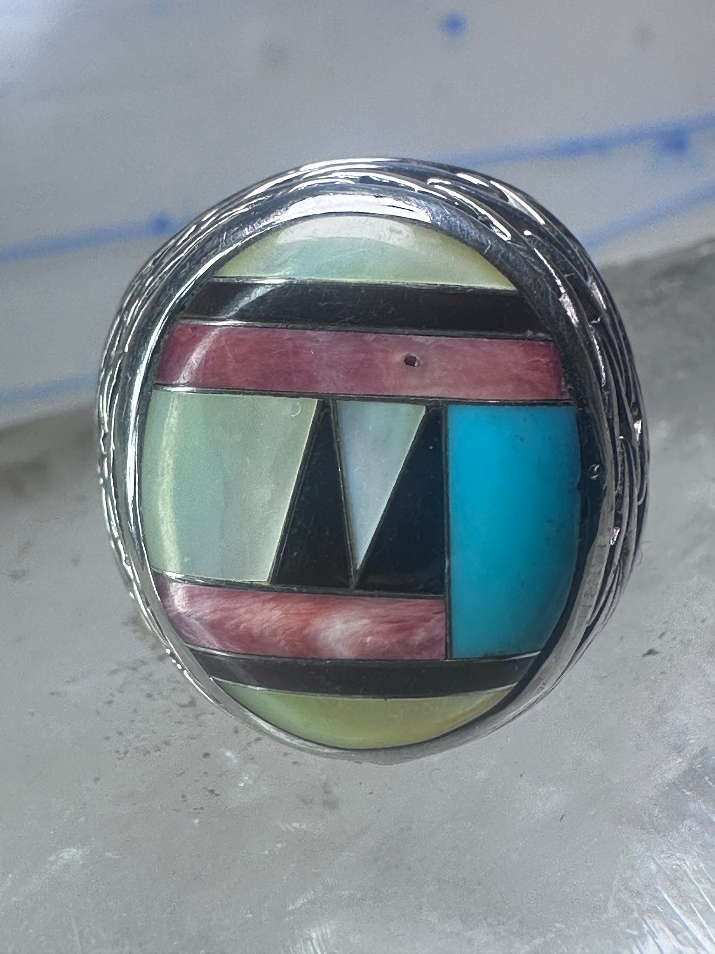 Zuni Ring turquoise onyx MOP leaves band size 8.2 sterling silver women men signed DL